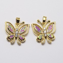 Golden Brass Micro Pave Cubic Zirconia Pendants, with Synthetic Opal, Butterfly, Cadmium Free & Lead Free, Golden, 24x23x4mm, Hole: 3x5mm