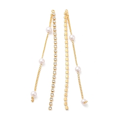 Real 18K Gold Plated Brass Rhinestone Tassel Big Pendants, with ABS Plastic Imitation Pearl Bead, Real 18K Gold Plated, 73x2x2mm, Hole: 1mm