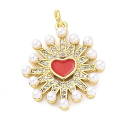 Красный Латунные подвески с имитацией жемчуга из микрофибры и эмали из АБС-пластика, сердце прелести, с целью перехода в кольце, без кадмия и без свинца, реальный 16 k позолоченный, красные, 24.5x21x4.5 мм