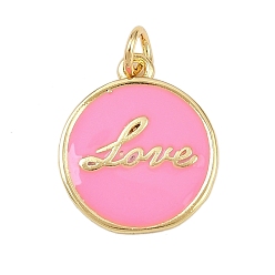 Pink Латунь эмаль подвески, с целью перехода в кольце, плоские круглые со словесными любовными чарами, без свинца и без кадмия, долговечный, реальный 18 k позолоченный, стойки покрытие, розовые, 16.5x14x1.5 мм, отверстие : 2.5 мм