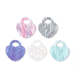 Mixed Color Acrylic Disc Big Pendants, with Glitter Powder, Imitation Gemstone Style, Heart Shaped Bag, Mixed Color, 59.5x55x2~2.5mm, Hole: 2.8mm