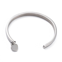 Stainless Steel Color Tarnish Resistant 304 Stainless Steel Cuff Bangles, with Heart Pendant, Stainless Steel Color, 1/4 inch(0.6cm) wide, Inner Diameter: 1-3/4 ~ 2-3/8 inch(4.3~5.9cm)