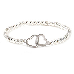 Платина Браслеты из нержавеющей стали с переплетающимися звеньями в форме сердца, латунные круглые бусины эластичные браслеты для женщин, платина, 304 дюйм (6.89 см)