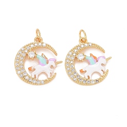 Настоящее золото 18K Стойка металлическая латунная микропрофилированная кубическая циркония подвески, с эмалью и кольцами для прыжков, без кадмия, без свинца и без никеля, луна с единорогом, реальный 18 k позолоченный, 19x17.5x3 мм, отверстие : 3.6 мм