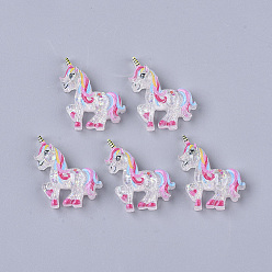 Разноцветный Кабошоны из смолы, с блестками, единорог, красочный, 22~23x21~22x5.5 мм