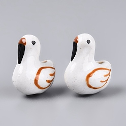 Шоколадный Ручной фарфоровые керамические шарики, лебедь, Famille выросли стиле, цвет шоколада, 21~22x17.5~18.5x12.5~13.5 мм, отверстие : 1.6~2 мм