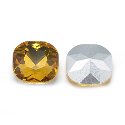 Gold Pointed Back Glass Rhinestone Cabochons, Faceted, Back Plated, Square, Gold, 10x10x4.5mm
