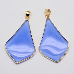 Cornflower Blue Rhombus Real Gold Plating Brass Glass Pendants, Cornflower Blue, 50x29x4mm, Hole: 5x3mm