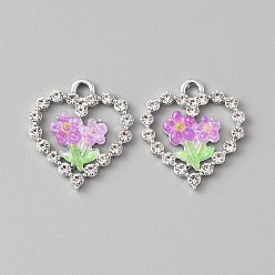 Орхидея Платинового сплава горный хрусталь подвески, cmолой, сердце с подвесками в виде бабочек, сиреневые, 22x20x4~4.5 мм, отверстие : 2.5 мм