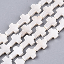 Creamy White Shell Pearl Beads Strands, Cross, Creamy White, 12~13x9~10x3mm, Hole: 0.7mm, about 30pcs/strand, 14.76~15.15 inch(37.5~38.5cm)
