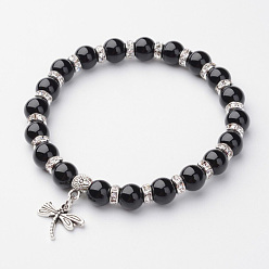 Black Agate Natural Dyed & Heated Black Agate Charm Bracelets, Stretch Bracelets, with Alloy Dragonfly Pendants, Antique Silver, 2-1/4 inch(57mm)