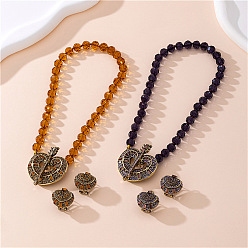 (52) Непрозрачная лаванда Ожерелья и серьги-гвоздики из сплава сердечек, стекла и стразов, разноцветные, 410 мм и 25x25 мм