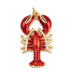Креветка Латунные подвески с красной эмалью, подвески в виде морских животных с соединительными кольцами, золотые, креветка, 29x16.5x3 мм, отверстие : 3 мм