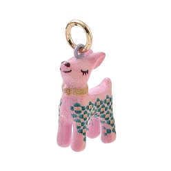Pink Подвески из латуни, окрашенные аэрозольной краской и с нанесенным рисунком., подвески в виде оленя с цветочным узором, золотые, розовые, 19x13x6 мм, отверстие : 4 мм