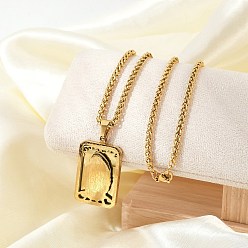 Настоящее золото 18K 201 ожерелья из нержавеющей стали с подвеской в виде Девы Марии и цепочкой из пшеницы для мужчин, реальный 18 k позолоченный, 23.82 дюйм (60.5 см), Кулон : 35x21 мм