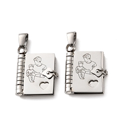Stainless Steel Color 304 Stainless Steel Pendants, Book with Father & Child Charms, Polished, Stainless Steel Color, 25x18x4.5mm, Hole: 5.5x2.5mm