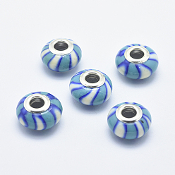 Deep Sky Blue Handmade Polymer Clay European Beads, with Silver Color Plated Brass Cores, Large Hole Beads, Rondelle with Stripe Pattern, Deep Sky Blue, 13~16x8~11mm, Hole: 4.5~5mm