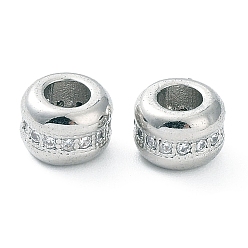 Platinum Rack Plating Brass Micro Pave Clear Cubic Zirconia Beads, Long-Lasting Plated, Column, Platinum, 6.5x4.5mm, Hole: 3mm