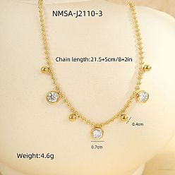 Прозрачный 304 Браслеты на лодыжку из нержавеющей стали с плоскими круглыми подвесками из кубического циркония, золотые, прозрачные, 8-1/2 дюйм (215 мм)