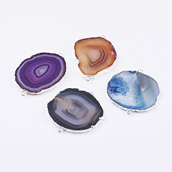 Mixed Color Natural Agate Links connectors, with Silver Color Plated Brass Findings, Nuggets, Mixed Color, 54~76x29~50x3~6mm, Hole: 3mm