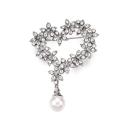 Платина Брошь-булавка в форме сердца из сплава со стразами и жемчужиной ABS для рюкзака с одеждой, платина, 49x44.5x13.5 мм, подвески: 16 mm длиной, 10 мм диаметром