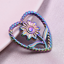 Rainbow Color 304 нержавеющей стали кабошонов, Сердце со цветками , Радуга цветов, 21x21 мм