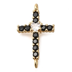 Настоящее золото 16K Подвески-коннекторы из латуни с черным паве и прозрачным кубическим цирконием, религия сердце перекрестные ссылки, реальный 16 k позолоченный, 21x12x4.5 мм, отверстие : 1 мм