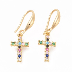 Golden Brass Micro Pave Cubic Zirconia Dangle Earrings, Cross, Colorful, Golden, 29mm, Pin: 1mm