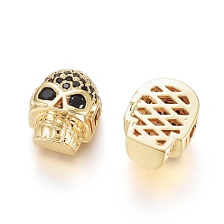 Real 18K Gold Plated Brass Micro Pave Cubic Zirconia Beads, Long-Lasting Plated, for Halloween, Skull Head, Black, Real 18K Gold Plated, 12.5x9.5x7mm, Hole: 2x2.5mm