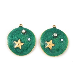 Настоящее золото 18K 304 подвески из нержавеющей стали, плоские круглые со звездой, с эмалью, горный хрусталь и абс пластика имитация жемчуга, реальный 18 k позолоченный, 23x20x6 мм, отверстие : 1.5 мм