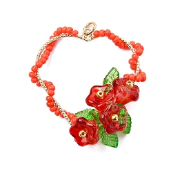 Красный Подвески в форме сердца из стеклянных бусин, с цветком и настоящим 18k позолоченным кольцом для прыжка, красные, 35~37x31~35x15~18 мм, отверстие : 3.5 мм