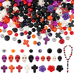 Смешанные камни Наборы для самостоятельного изготовления бусин на тему Хэллоуина, включая синтетическую бирюзу, кораллы, черные камни и натуральные бусины из лавы, Сплавочные бусины, 8~16x2~12x3~11 мм, отверстие : 1~1.4 мм, 237 шт / комплект