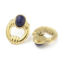 Lapis Lazuli Ion Plating(IP) Real 18K Gold Plated 304 Stainless Steel Oval Stud Earrings, with Natural Lapis Lazuli, 26x20mm