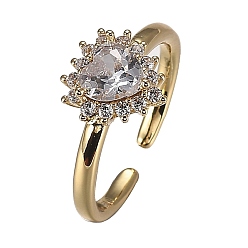 Золотой Латунные кольца из манжеты с прозрачным цирконием, открытые солитерные кольца, без кадмия и без свинца, сердце, золотые, размер США 5 1/2 (16.1 мм)