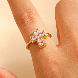 Pink Регулируемые латунные манжеты с кубическим цирконием и паве для женщин, крестик, золотые, розовые, 17 мм