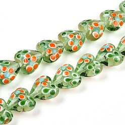 Светло-зеленый Бусы лэмпворк ручной работы, Сердце со цветками , светло-зеленый, 14~15.5x15~15.5x9~10 мм, отверстие : 1.2 мм, около 35 шт / нитка, 19.29 дюйм (49 см)
