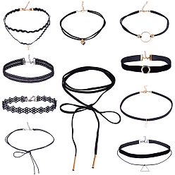 Черный 10шт. 10 стили готические чокеры из полиэстеровой кружевной ткани, со смолой и сплавочной фурнитурой, платиной и золотом, разнообразные, чёрные, 12.80~59.84 дюйм (32.5~152 см), 1 шт / стиль