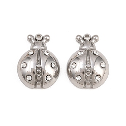 Stainless Steel Color 304 Stainless Steel Rhinestone Pendants, Ladybug Charms, Stainless Steel Color, 14x10x4mm, Hole: 1mm