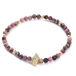 Rhodonite Stretch Bracelets, with Natural Rhodonite Beads, Brass Round Beads, Brass Micro Pave Grade AAA Cubic Zirconia Beads and Elastic Crystal Thread, Conch Shell Shape, with Cardboard Box, 2-3/8 inch(6cm)