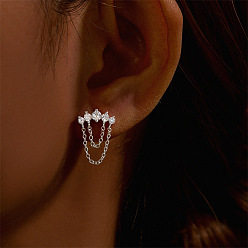 Платина Луна 925 серьги-хрящи из стерлингового серебра с микропаве из прозрачных кубических цирконий с цепочками-кисточками, платина, 18x16 мм, Длина стержня: 8мм, штифты : 1.2 мм