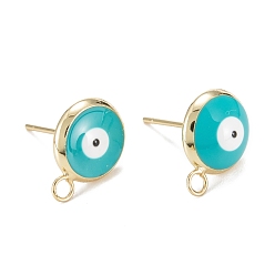 Темно-бирюзовый Серьги-гвоздики из экологически чистой латуни с эмалью, с петлями, реальный 18 k позолоченный, плоский круглый с злобным глазом, темные бирюзовый, 13x10 мм, отверстие : 1.8 мм, штифты : 0.7 мм