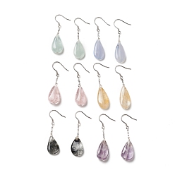 Mixed Color Natural Agate+Crystal Teardrop Dangle Earrings with 925 Sterling Silver Pin for Women, Mixed Color, 42~45mm, Pin: 0.6mm