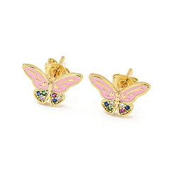 Pink Boucles d'oreilles papillon en laiton doré, avec de l'émail et de la zircone cubique, rose, 8x12.5mm
