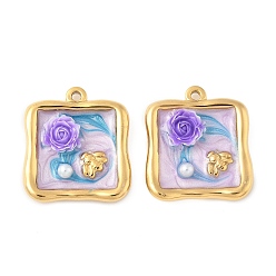 Настоящее золото 18K 304 подвески из нержавеющей стали, квадратные с цветком, с эмалью, абс пластик имитация жемчуга и смолы, реальный 18 k позолоченный, 23x20.5x4.5 мм, отверстие : 1.6 мм