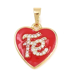 Красный Подвески из латуни с микро-паве ко Дню святого Валентина, прозрачные циркониевые подвески, с эмалью, сердце со словом fe подвески, долговечный, стойки покрытие, без свинца и без кадмия, реальный 18 k позолоченный, красные, 11x6.5x3 мм, отверстие : 3.2 мм