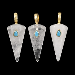 Quartz Crystal Natural Quartz Crystal Rock Crystal Pointed Pendants, Faceted Cone Charms with Brass Micro Pave Cubic Zirconia Findings, Golden, 49~49.5x18.5~19x17.5~18mm, Hole: 5.5x7.5mm