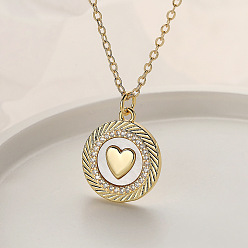 Сердце Подвеска-колье из латуни с микропаве из прозрачных кубических цирконий и натуральными ракушками, плоская круглая, для женщин., золотые, сердце, 17.72 дюйм (45 см)