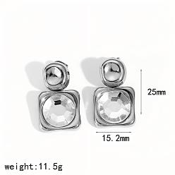 Платина Квадратные 304 серьги-гвоздики из нержавеющей стали с микропаве из прозрачных кубических цирконий, платина, 25x15.2 мм