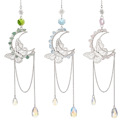 Mixed Stone 3Pcs Natural Rose Quartz & Aquamarine & Green Aventurine Chips & Brass Moon & 304 Stainless Steel Butterfly Suncatcher, Glass Teardrop Hanging Window Prism Ornament for Home & Garden, 310mm