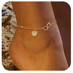 Letter W Латунные двойные сердечки плоские круглые инициалы браслеты на ногу для женщин, золотые, Буква W, 9-1/8 дюйм (230 мм)
